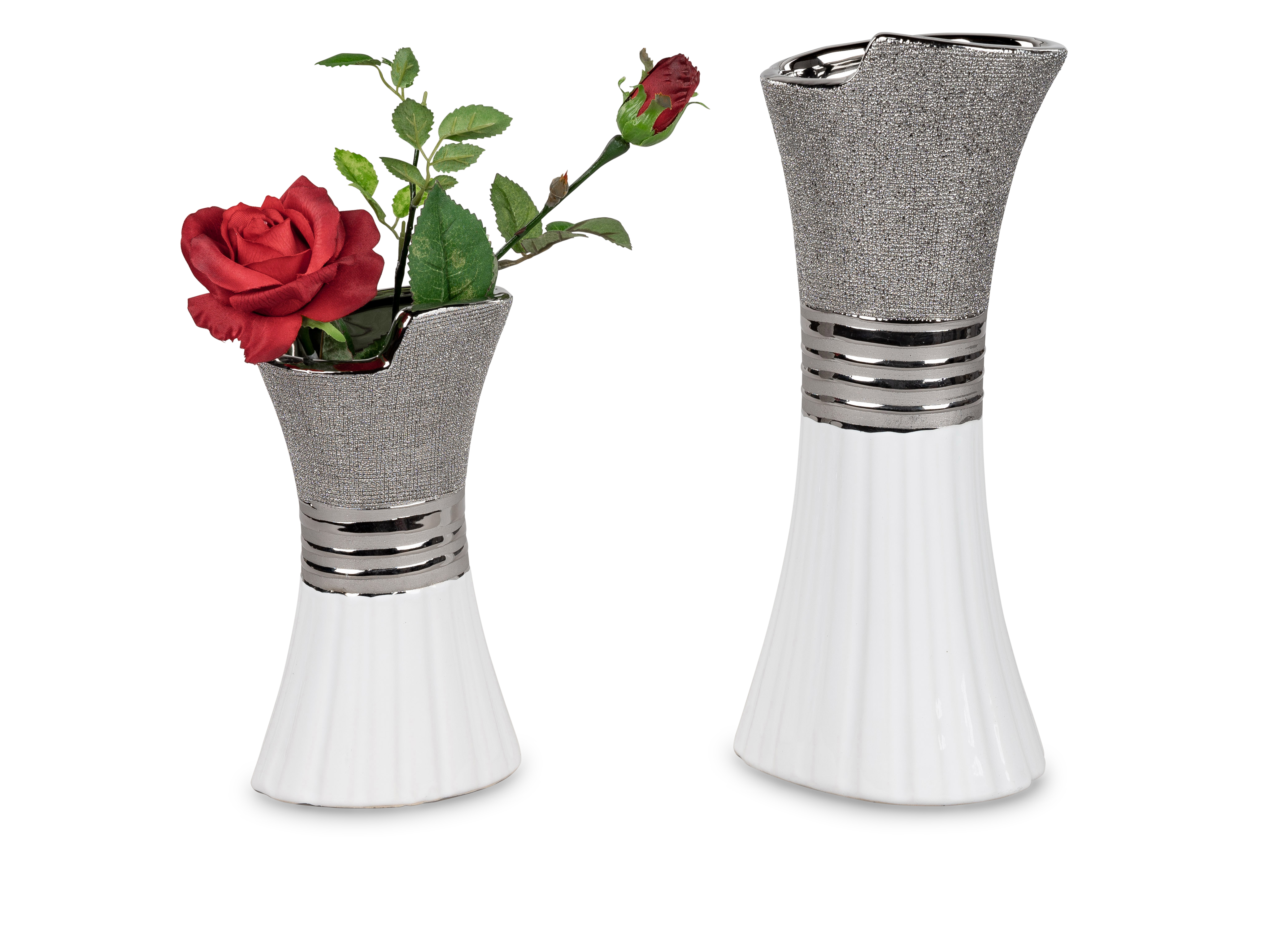 Tameling - Deko Vase WHITE SILVER Tulpe mit Relief H. 30cm weiß silber  Keramik Formano